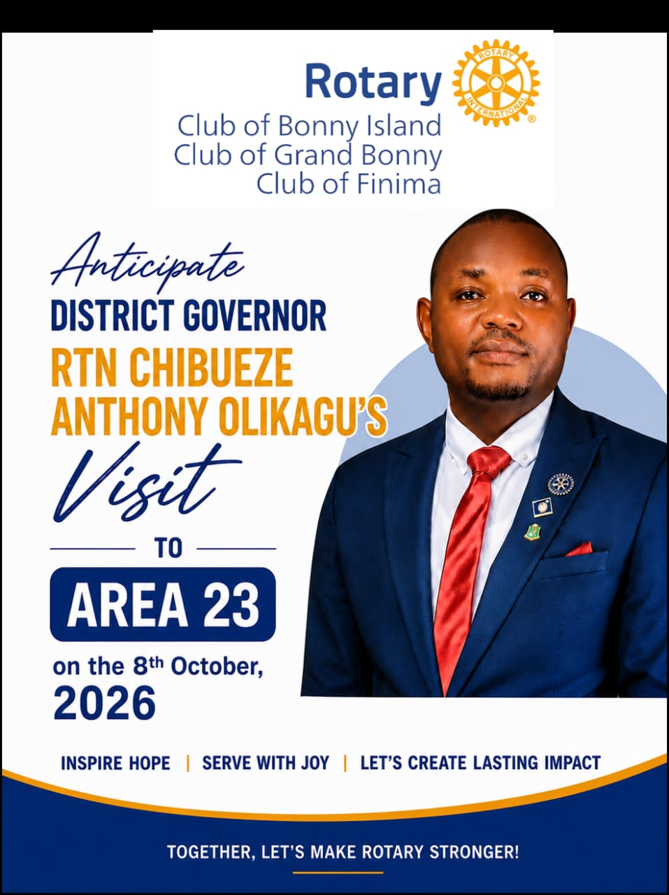 Flyer announcing Rotary District 9141 Governor Rtn Chibueze Anthony Olikagu’s visit to Area 23 on 8 October 2026